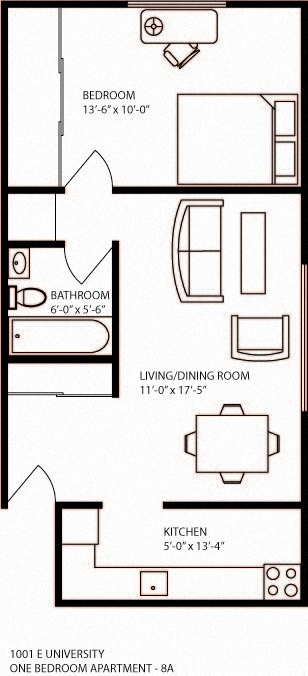 Floor plan for 1 bed, 1 bath, 590 sqft